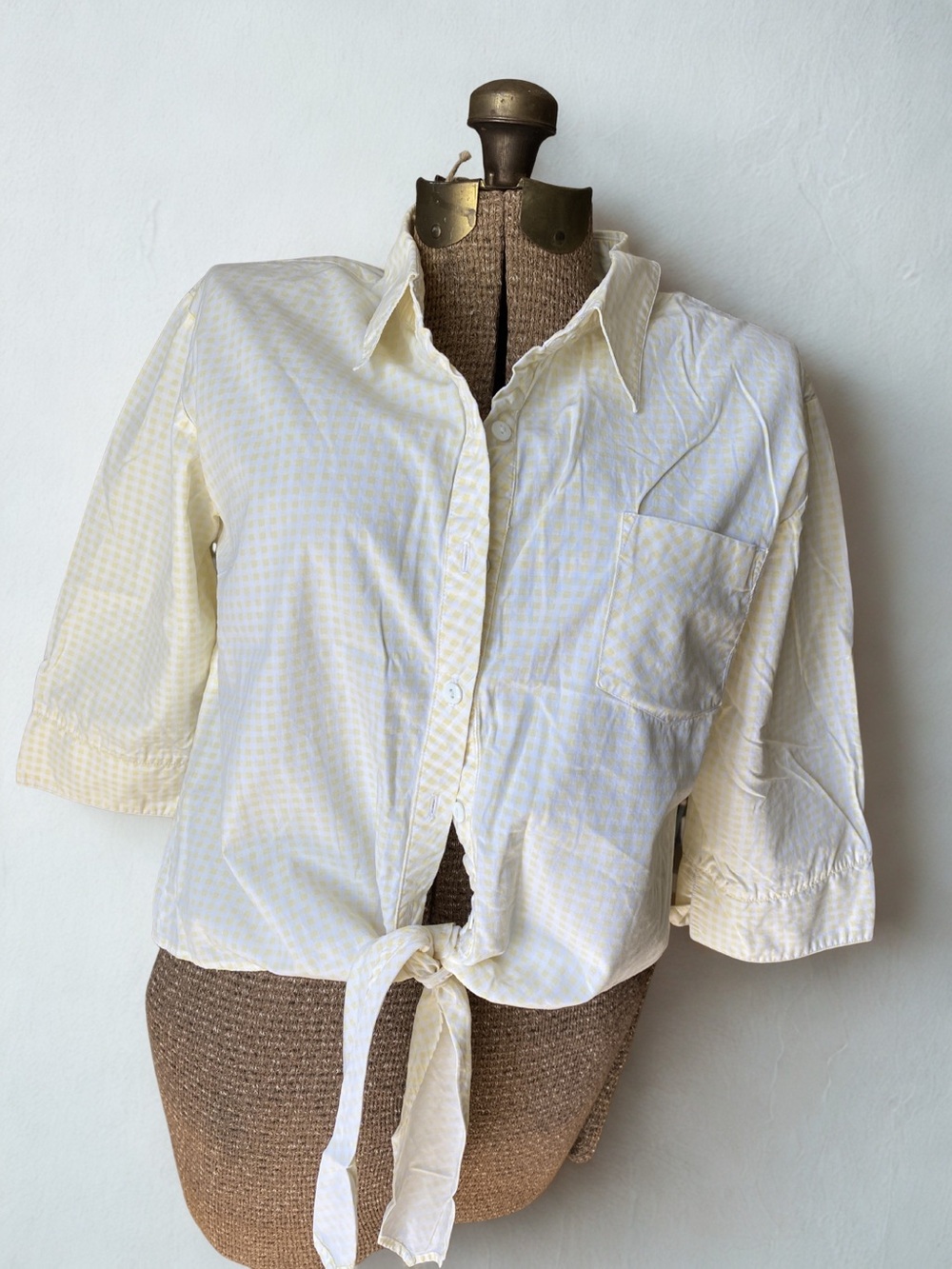 Vintage Gingham Tie-Front Button-Up Shirt